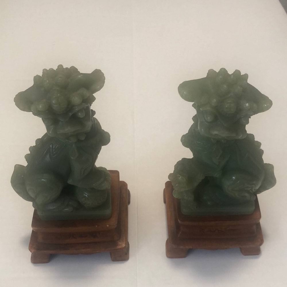 Set of 2 Chinese Foo jade like dogs each on mount with markings made in England